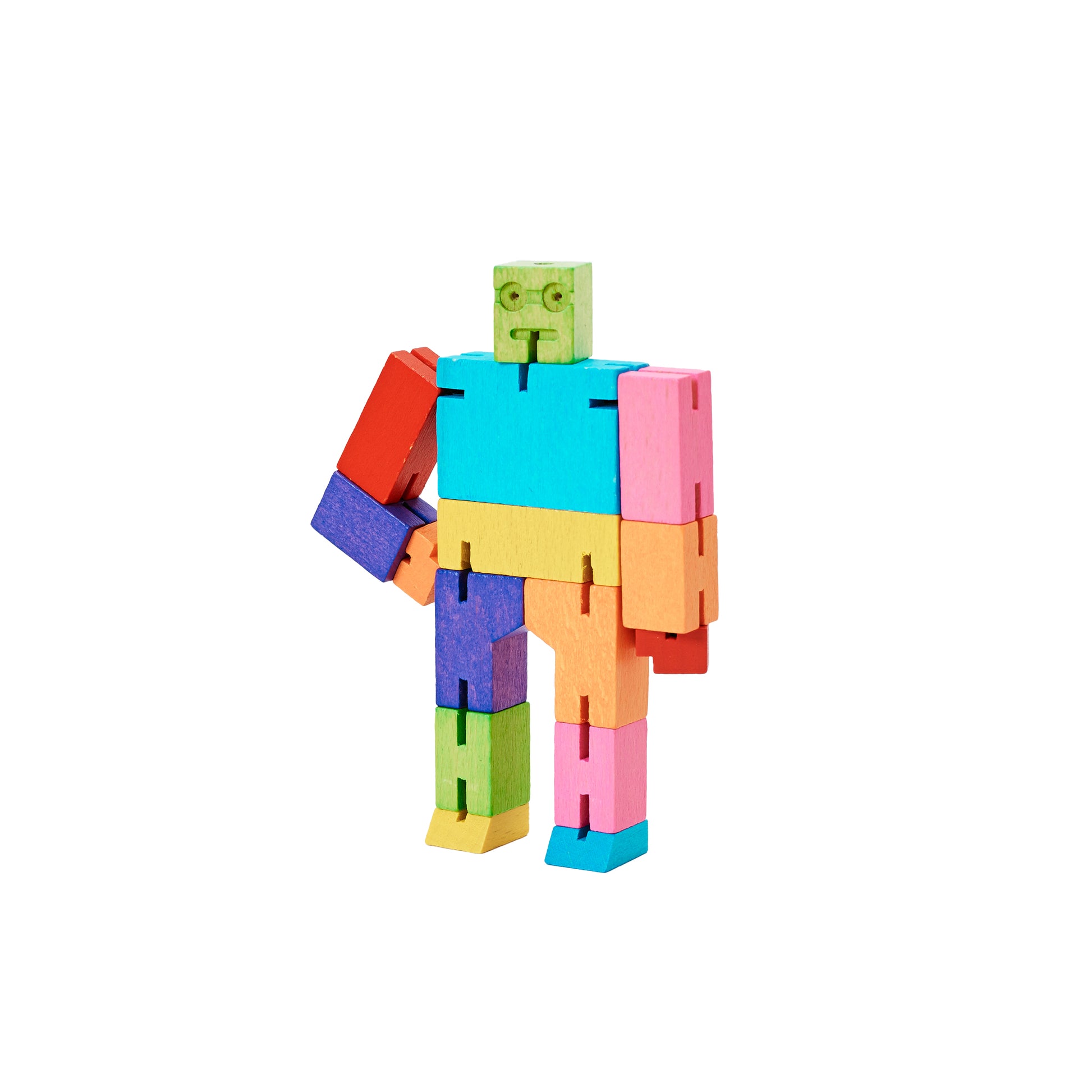 Areaware Cubebot Micro wooden toy robot - multicolor beech-wood figure with elastic joints and water-based paint, folds into a 1.5-inch cube and poses in multiple positions; compact, durable, and suitable for ages 4+.