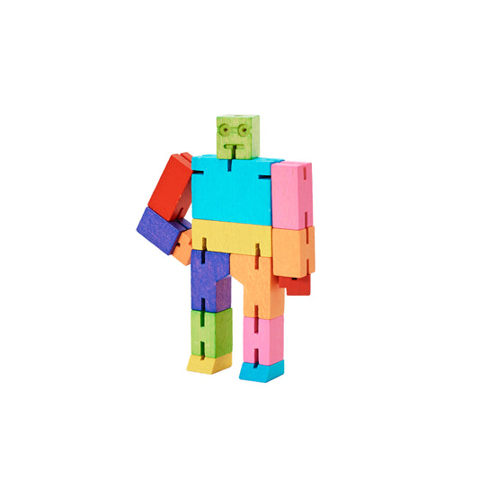 Areaware Cubebot Micro wooden toy robot - multicolor beech-wood figure with elastic joints and water-based paint, folds into a 1.5-inch cube and poses in multiple positions; compact, durable, and suitable for ages 4+.