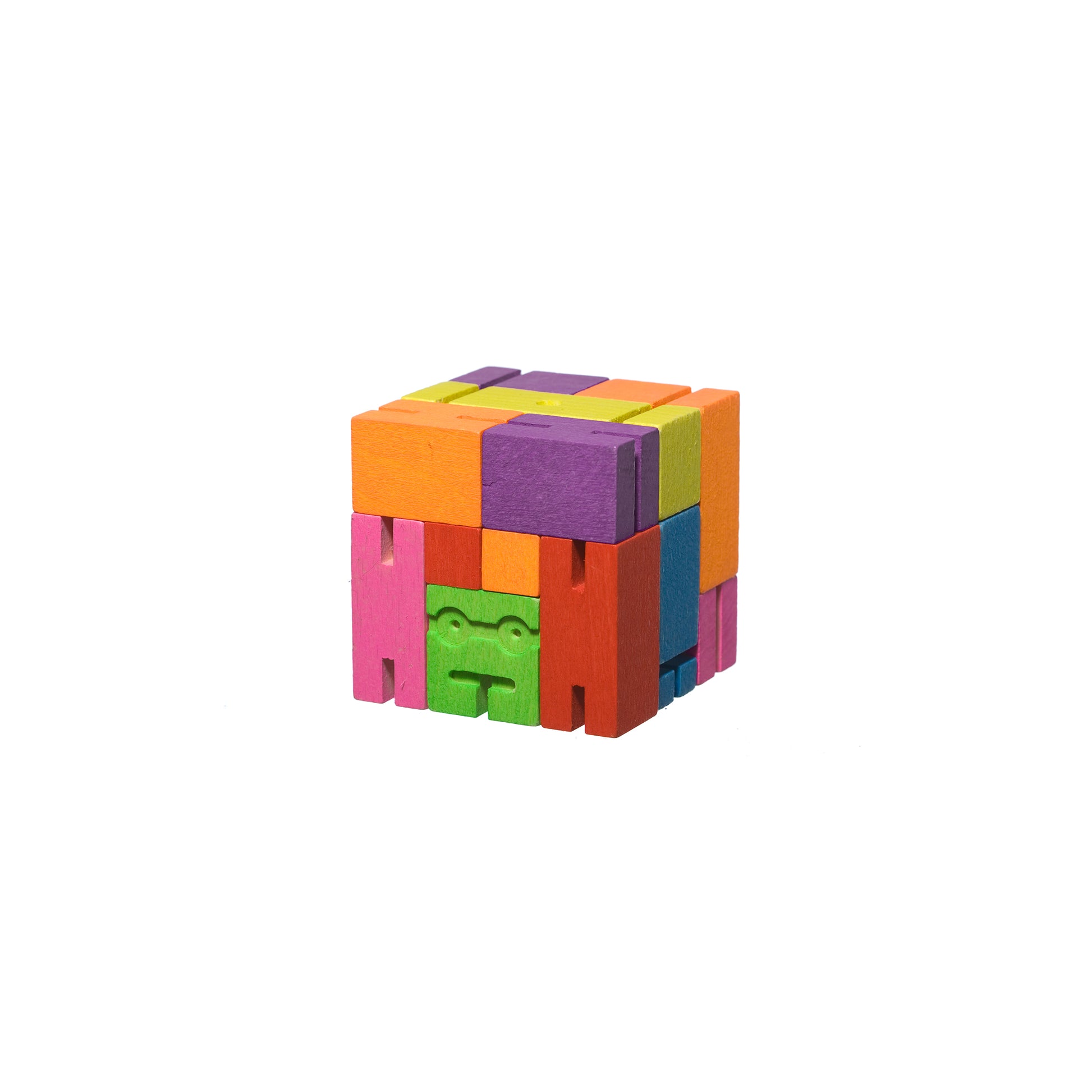 Shown as a multicolored cube, Areaware Cubebot Micro wooden toy robot - multicolor beech-wood figure with elastic joints and water-based paint, folds into a 1.5-inch cube and poses in multiple positions; compact, durable, and suitable for ages 4+.