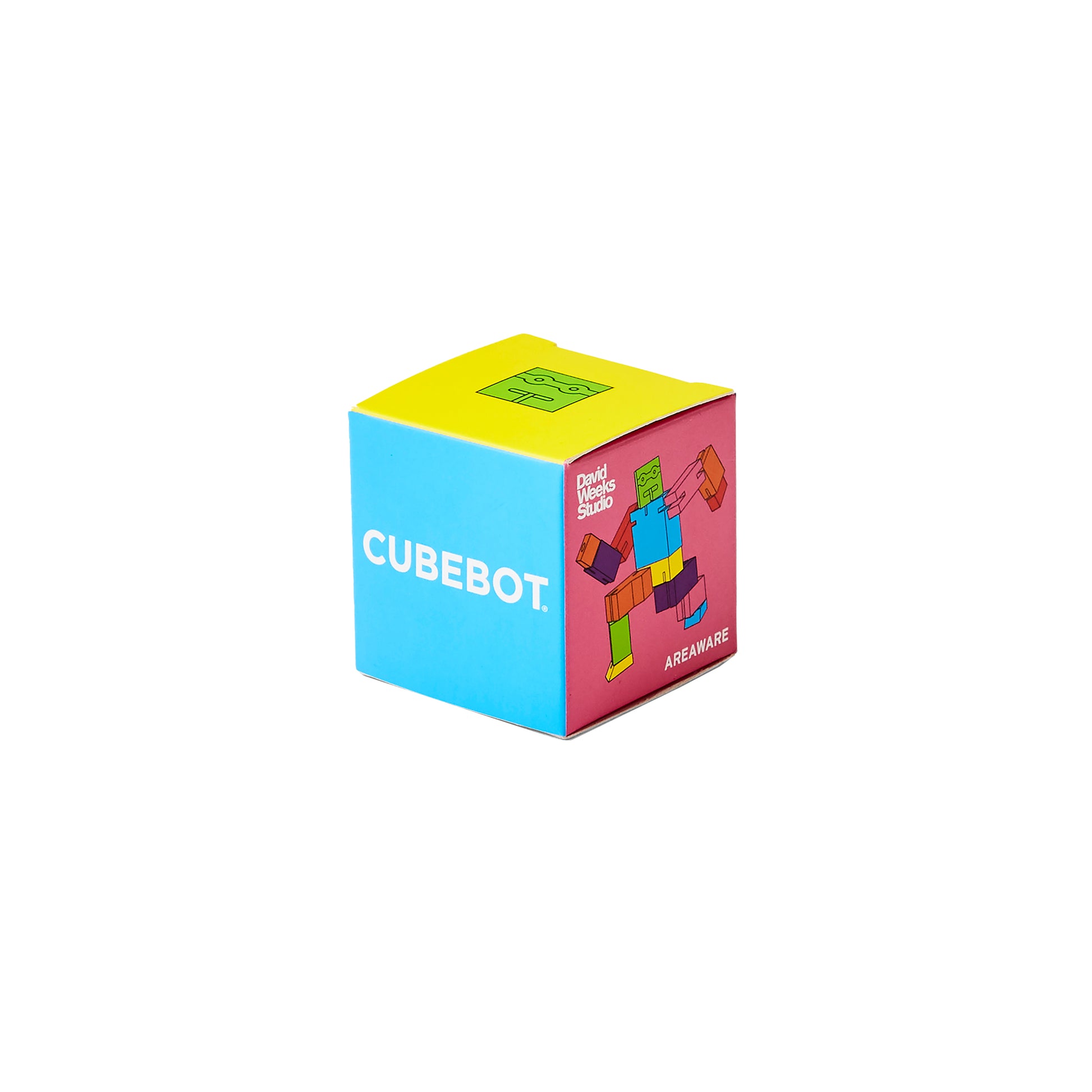 Multicolored box packaging of Areaware Cubebot Micro wooden toy robot - multicolor beech-wood figure with elastic joints and water-based paint, folds into a 1.5-inch cube and poses in multiple positions; compact, durable, and suitable for ages 4+.