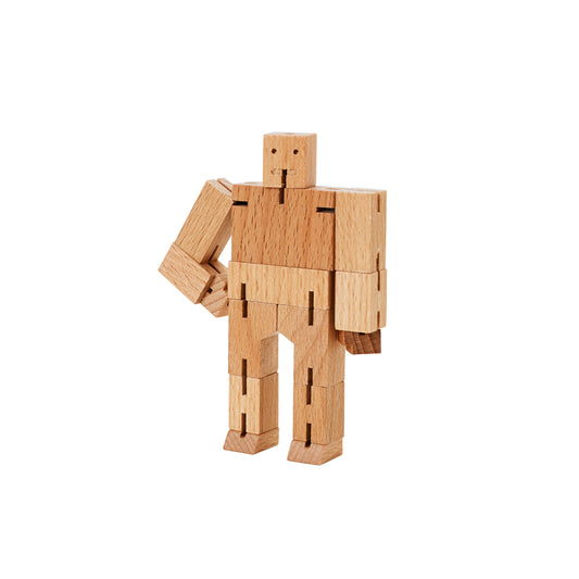 Areaware Cubebot Micro wooden toy robot - natural beech-wood figure with elastic joints, folds into a 1.5-inch cube and poses in multiple positions; compact, durable, and suitable for ages 4+.