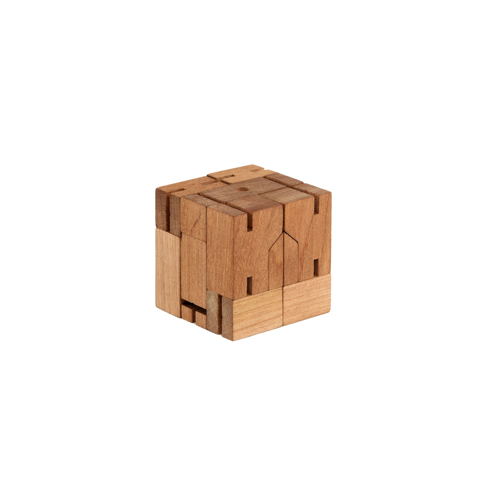 Shown in its cube form Areaware Cubebot Micro wooden toy robot - natural beech-wood figure with elastic joints, folds into a 1.5-inch cube and poses in multiple positions; compact, durable, and suitable for ages 4+.