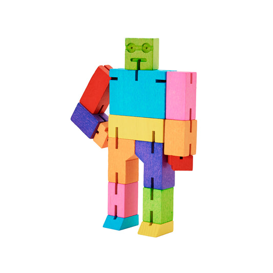 Areaware Cubebot Small Multi wooden toy robot - multicolor beech-wood figure with elastic joints and water-based paint, folds into a 1.5-inch cube and poses in multiple positions; compact, durable, and suitable for ages 4+.
