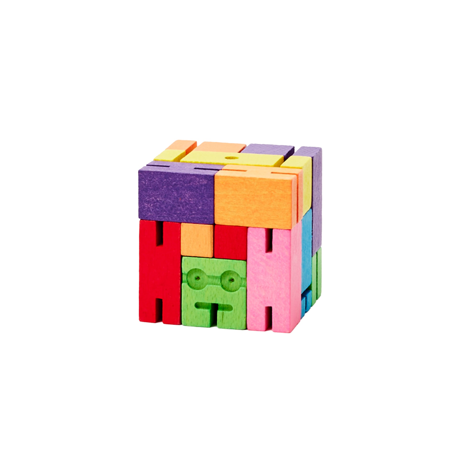 Shown in its cube form, Areaware Cubebot Small Multi wooden toy robot - multicolor beech-wood figure with elastic joints and water-based paint, folds into a 1.5-inch cube and poses in multiple positions; compact, durable, and suitable for ages 4+.