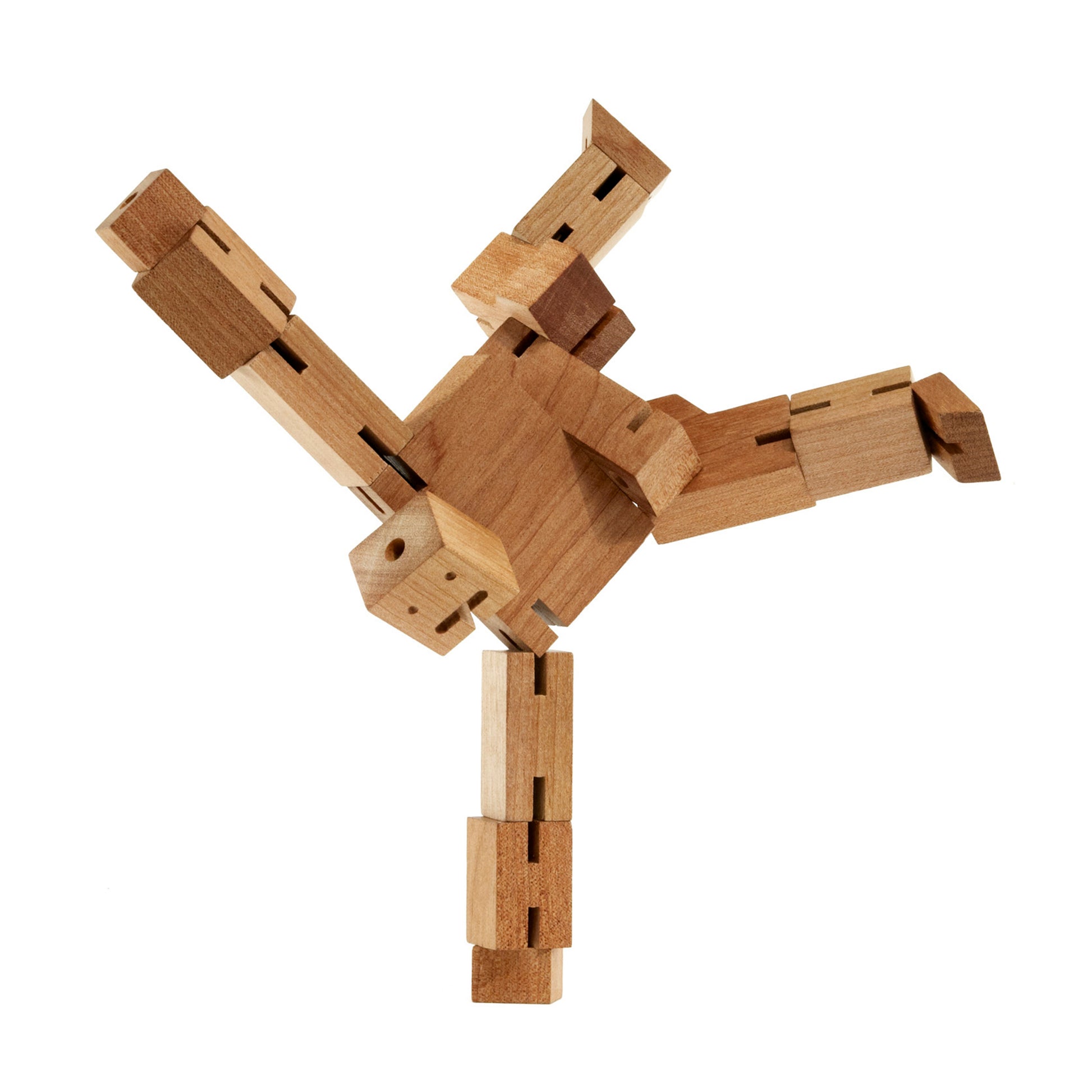 Showing Areaware Cubebot Small wooden toy robot posing a handstand - natural beech-wood figure with elastic joints, folds into a 1.5-inch cube and poses in multiple positions; compact, durable, and suitable for ages 4+.