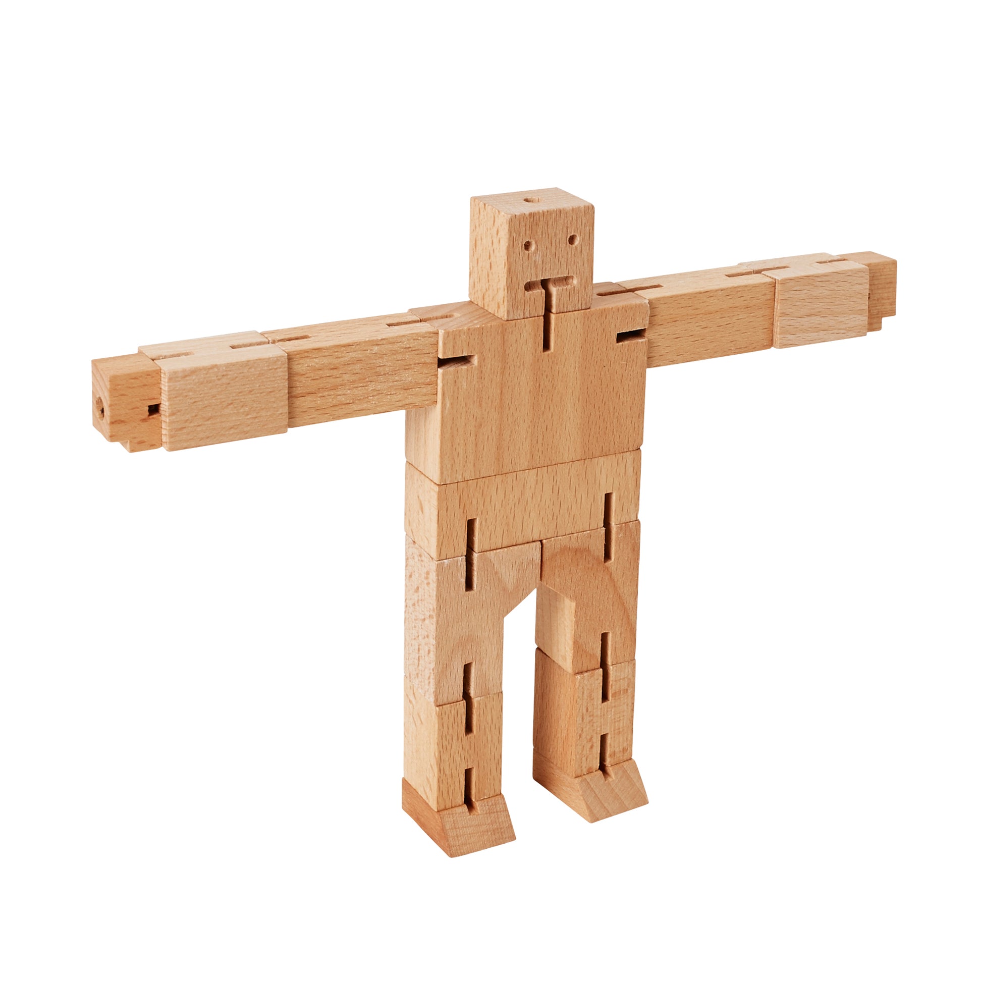Showing the arms open wide from Areaware Cubebot Small wooden toy robot - natural beech-wood figure with elastic joints, folds into a 1.5-inch cube and poses in multiple positions; compact, durable, and suitable for ages 4+.