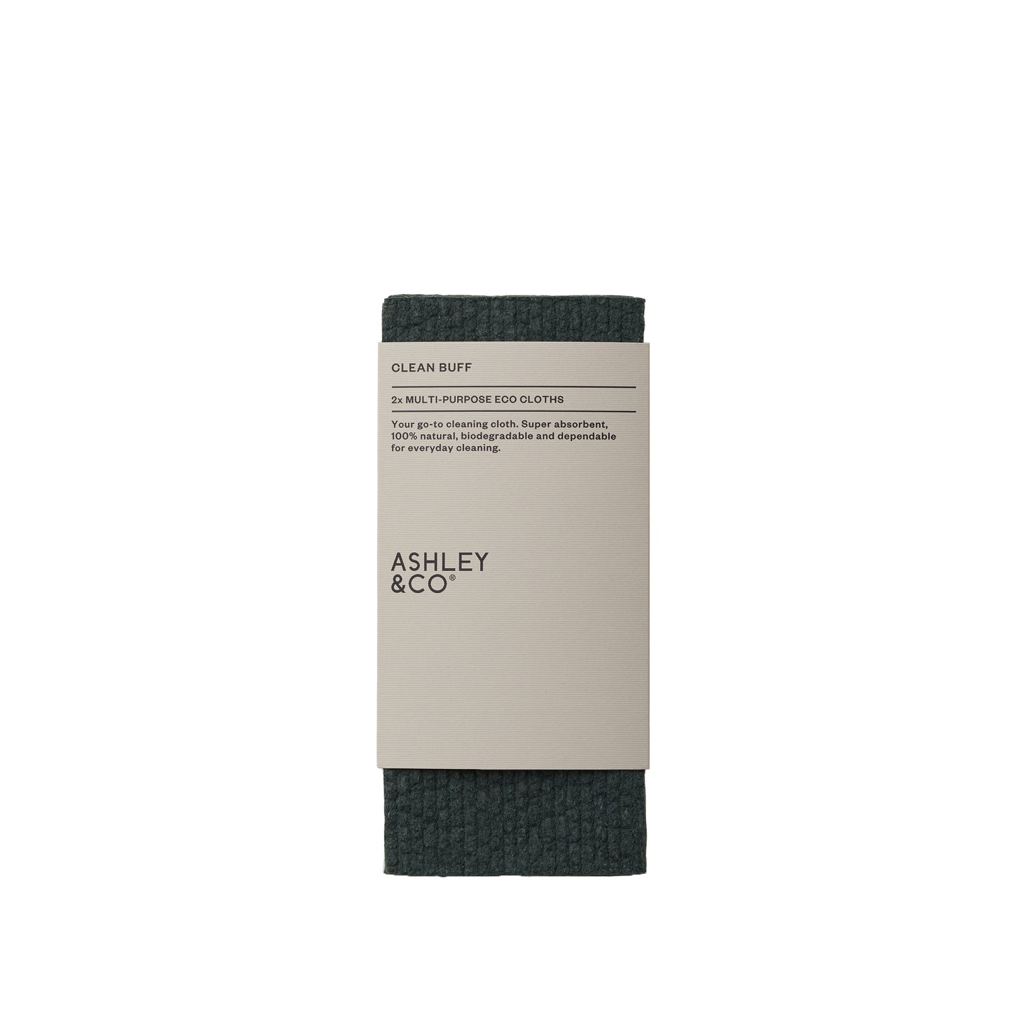 Ashley and Co 'Clean Buff' multipurpose cloths in dark grey colour shown in packaging. 
