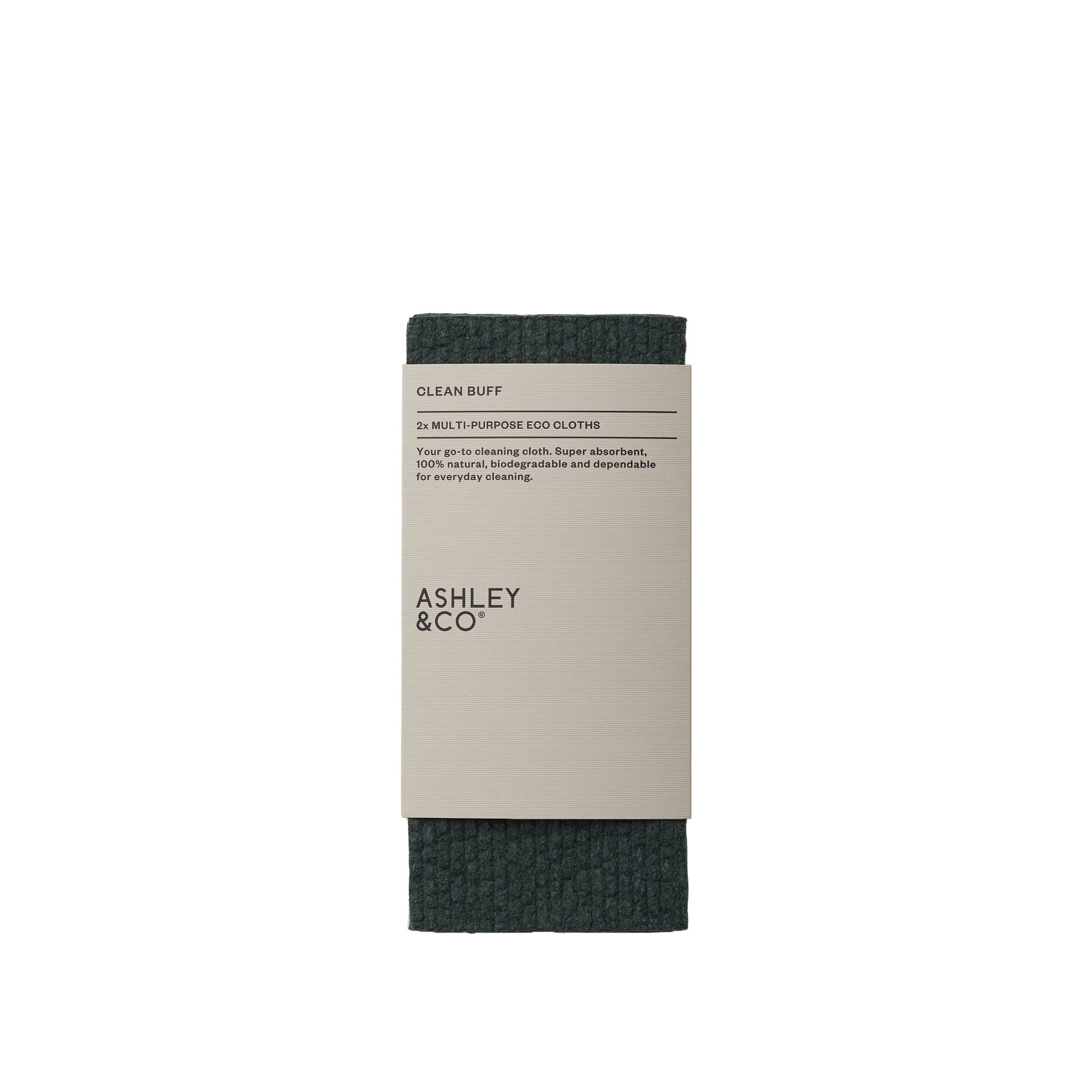 Ashley and Co 'Clean Buff' multipurpose cloths in dark grey colour shown in packaging. 