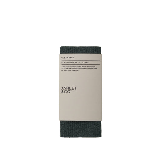 Ashley and Co 'Clean Buff' multipurpose cloths in dark grey colour shown in packaging. 