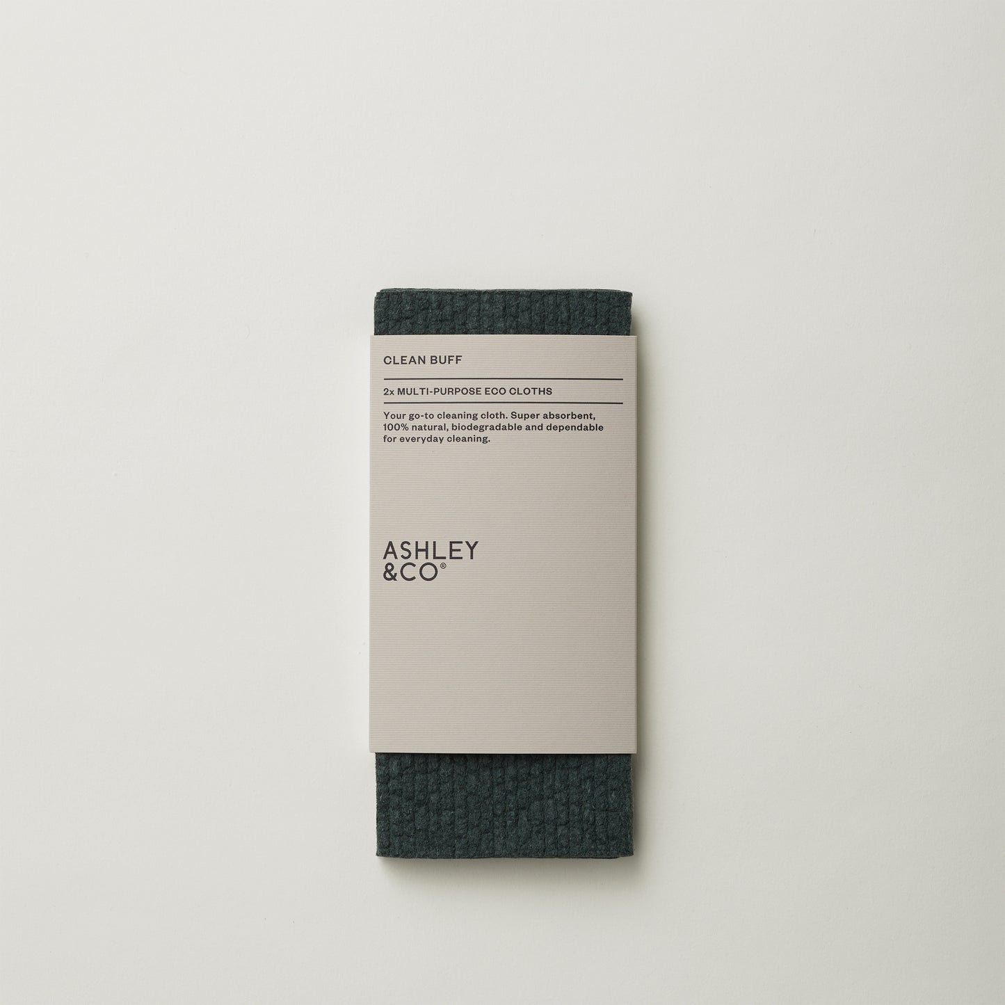 Ashley and Co 'Clean Buff' multipurpose cloths in dark grey colour shown in packaging on a grey background.