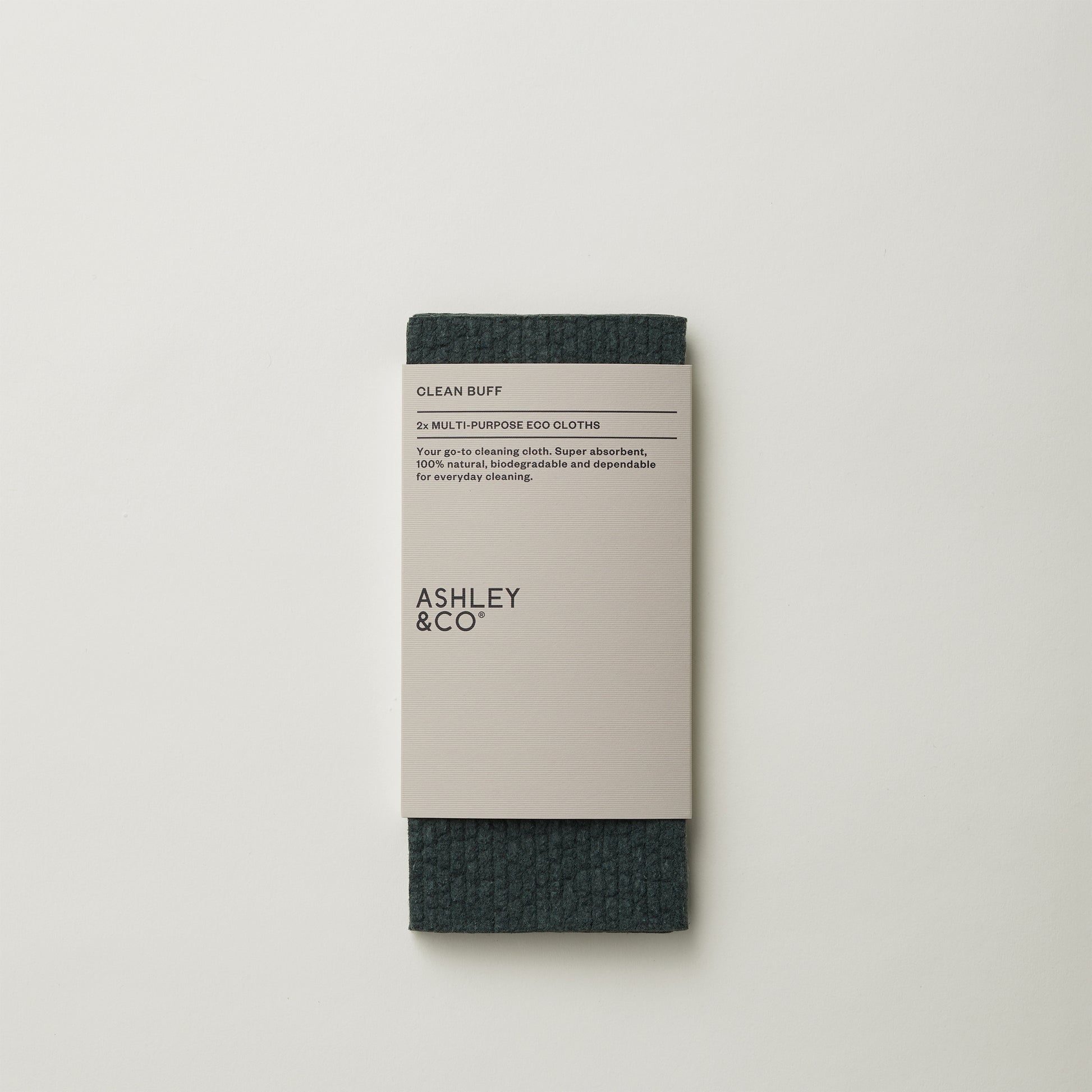 Ashley and Co 'Clean Buff' multipurpose cloths in dark grey colour shown in packaging on a grey background.