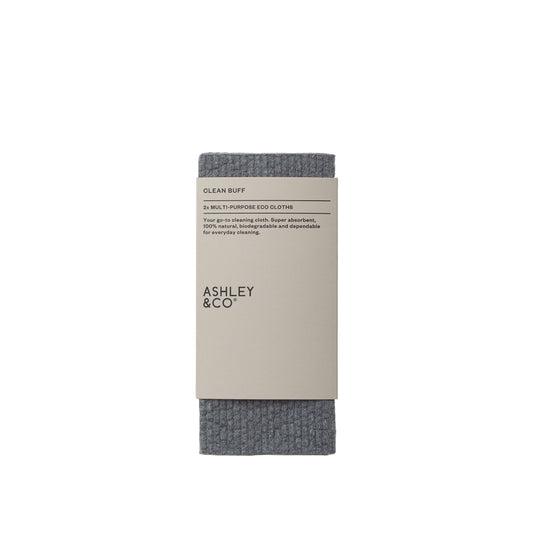 Ashley and Co 'Clean Buff' multipurpose cloths in light grey colour shown in packaging. 