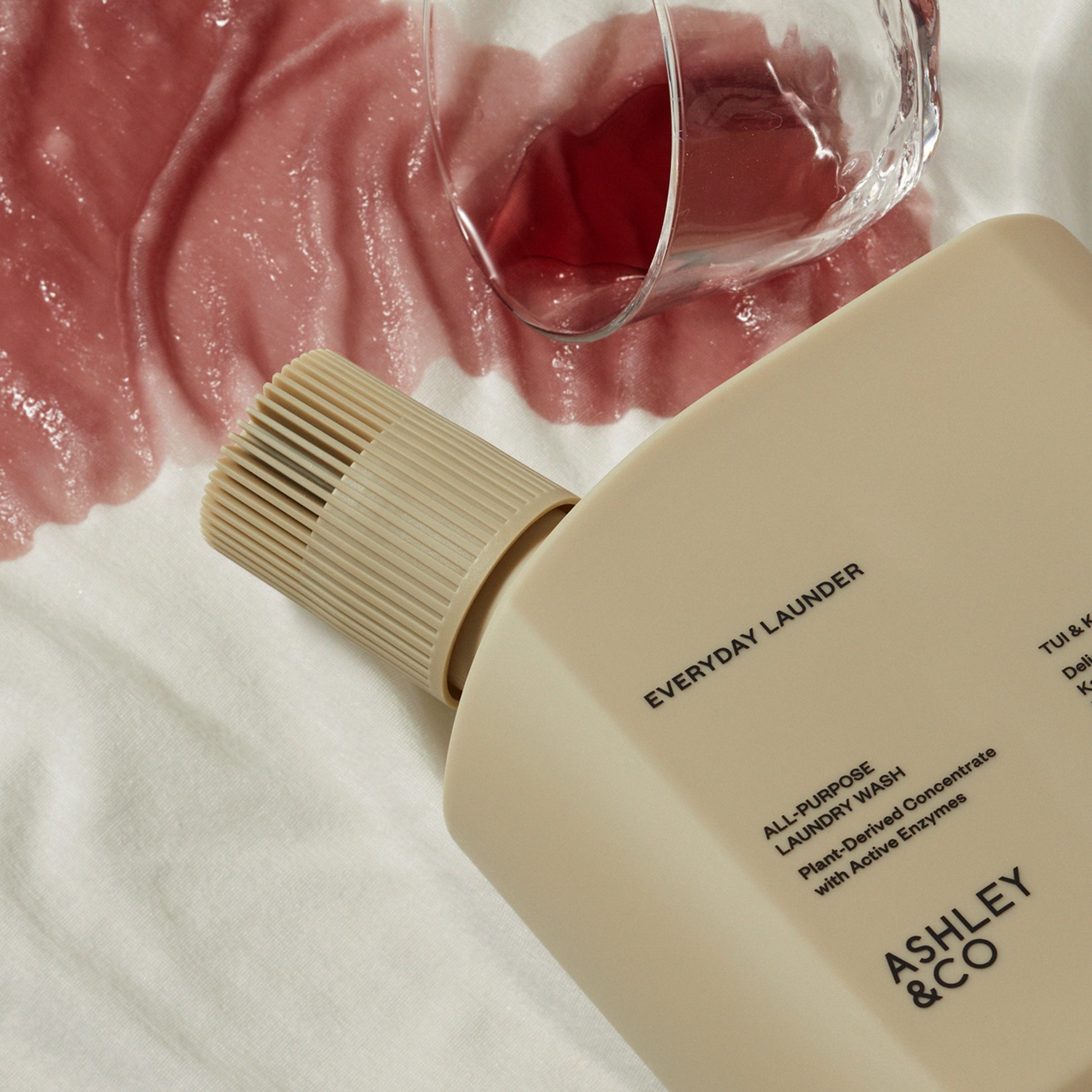Close up shot of Ashley and Co 'Everyday Launder' laundry detergent bottle in Tui and Kahili fragrance.