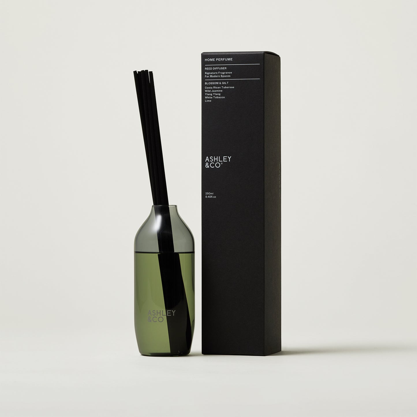 Ashley and Co 'Home Perfume' scent diffuser in blossom and gilt fragrance on a grey background.