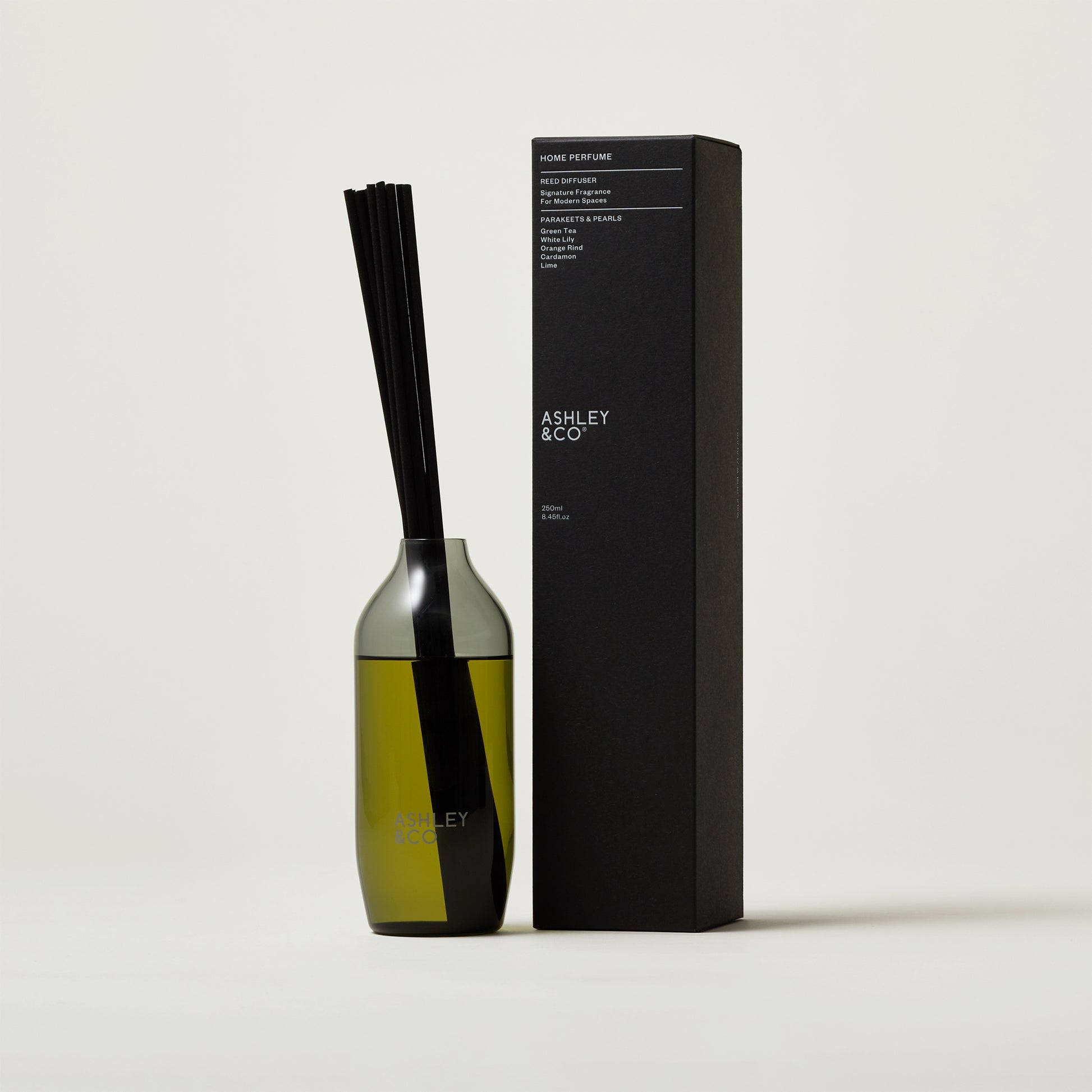 Ashley and Co 'Home Perfume' scent diffuser in parakeets and pearls fragrance on a grey background.