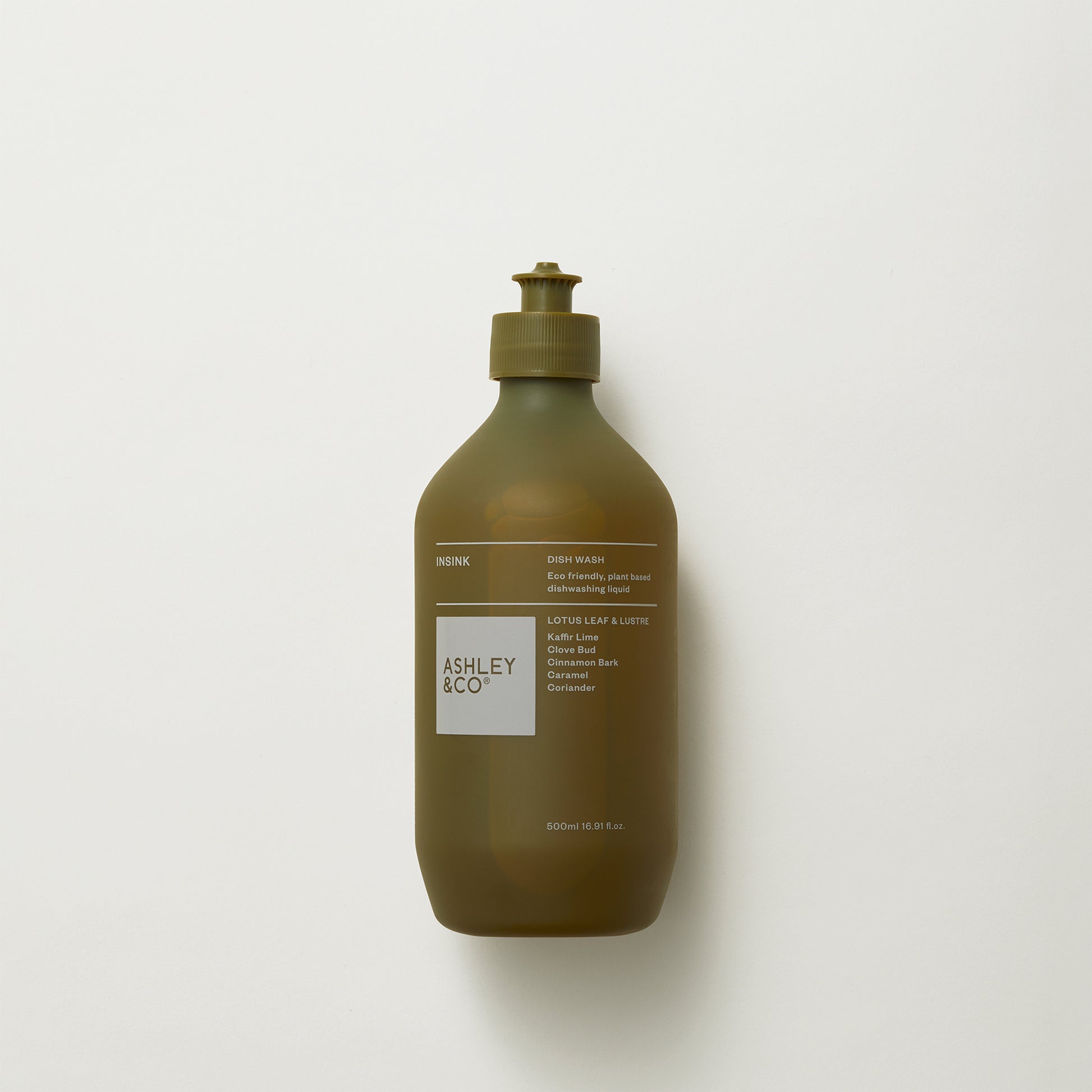 Ashley and Co 'Insink' dish wash in lotus leaf & lustre fragrance on a grey background.