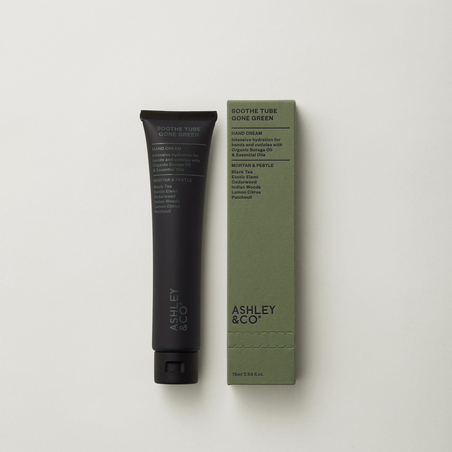 Ashley and Co 'Soothe Tube Gone Green' handcream in mortar and pestle fragrance on a grey background.