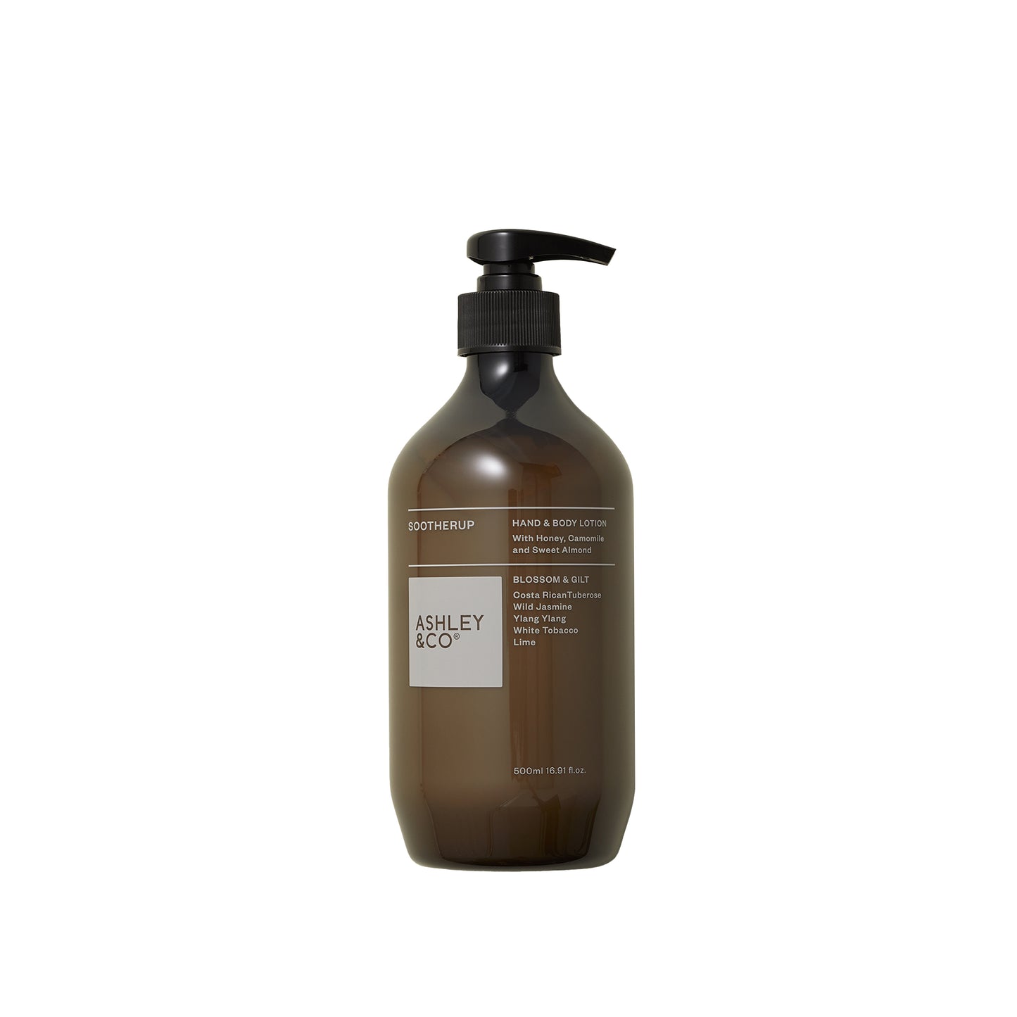 Ashley and Co 'Sootherup' hand and body lotion in blossom and gilt fragrance.