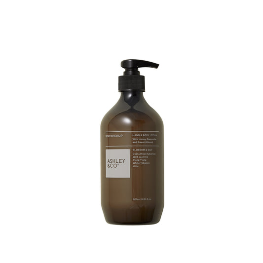 Ashley and Co 'Sootherup' hand and body lotion in blossom and gilt fragrance.