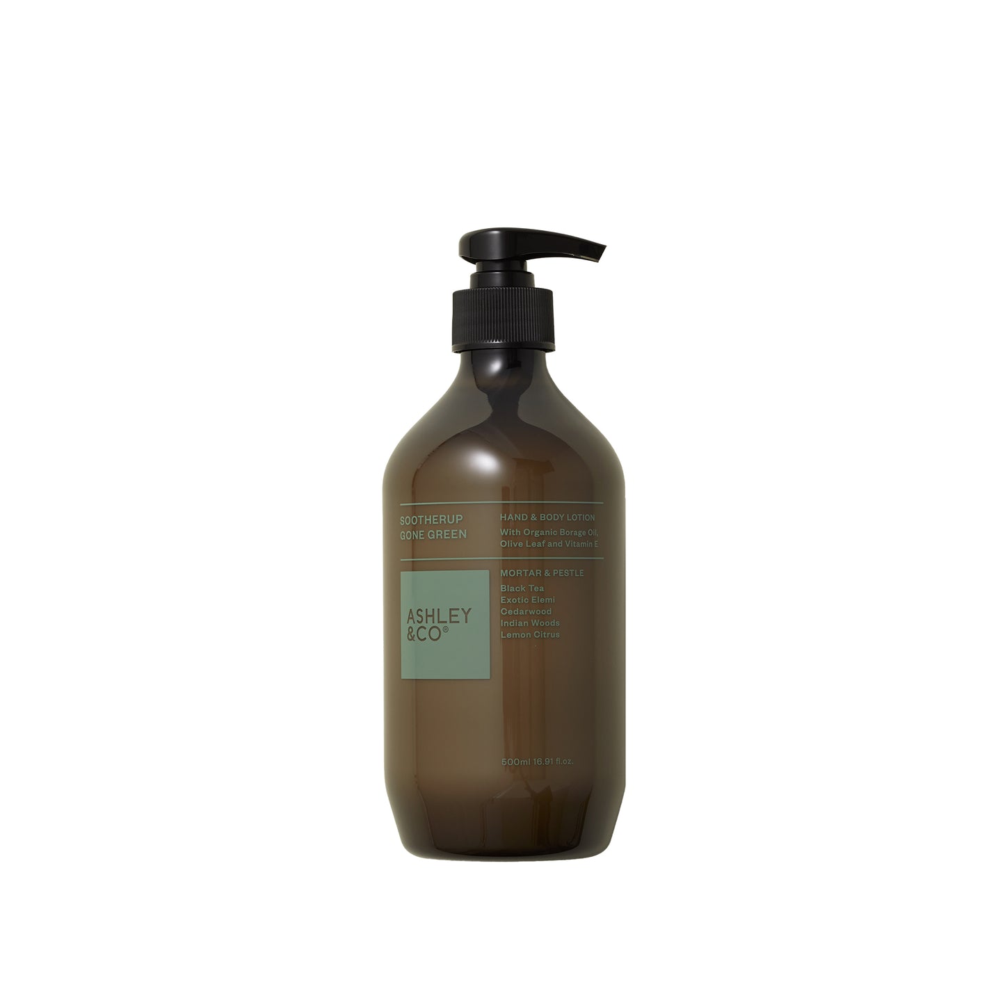 Ashley and Co 'Sootherup Gone Green' hand and body lotion in mortar and pestle fragrance.