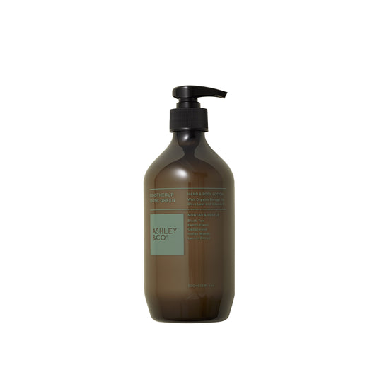 Ashley and Co 'Sootherup Gone Green' hand and body lotion in mortar and pestle fragrance.