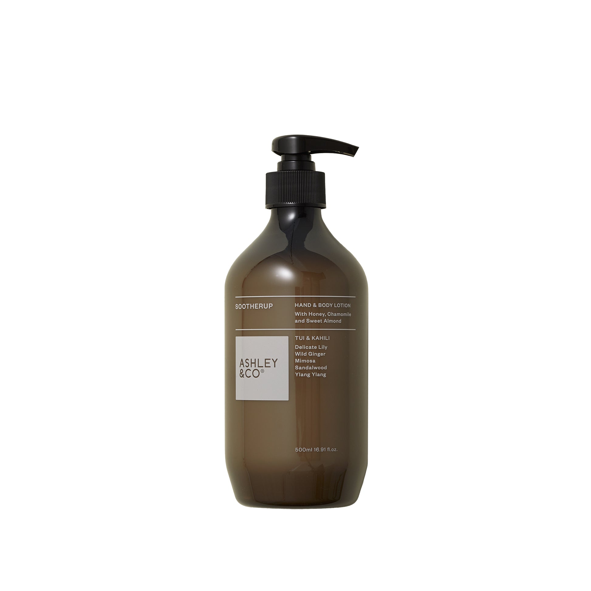 Ashley and Co 'Sootherup' hand and body lotion in tui and kahili fragrance.