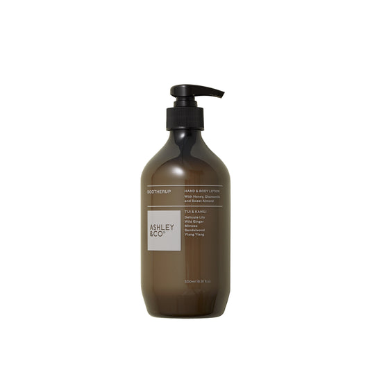 Ashley and Co 'Sootherup' hand and body lotion in tui and kahili fragrance.