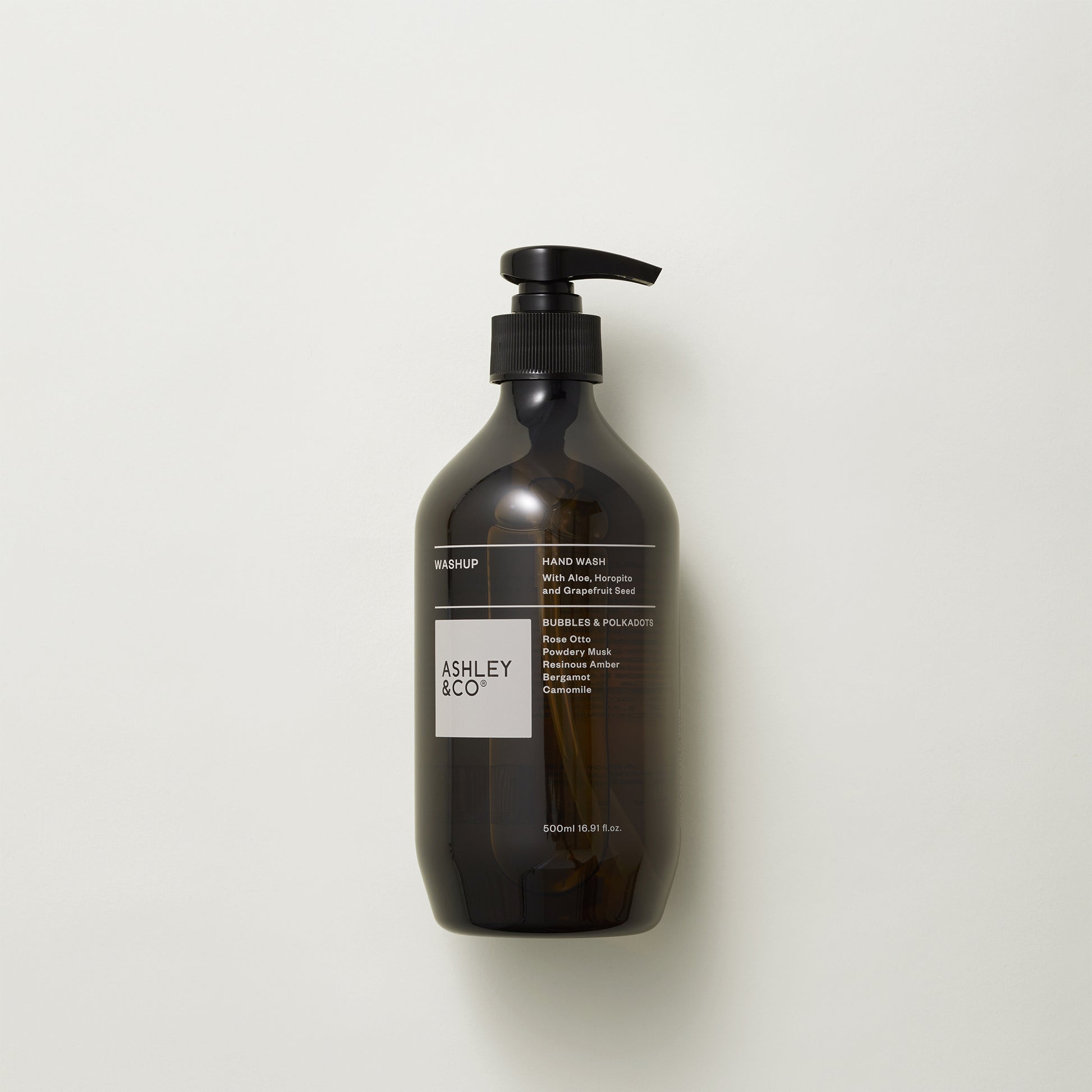 Image showing front of Ashley and Co 'Washup' handwash in bubbles and polkadots fragrance on a grey background.