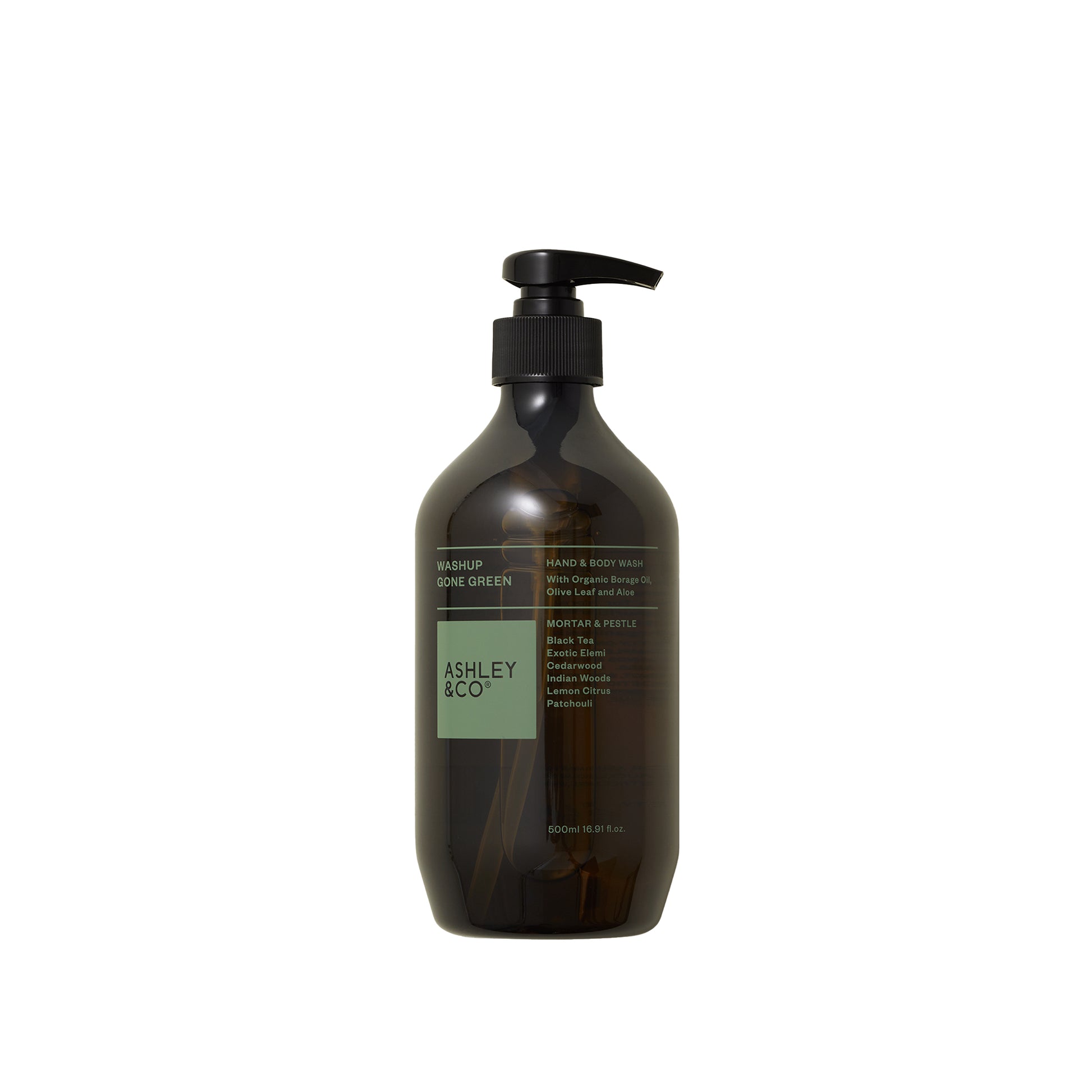 Image showing front of Ashley and Co 'Washup Gone Green' handwash in mortar and pestle fragrance.
