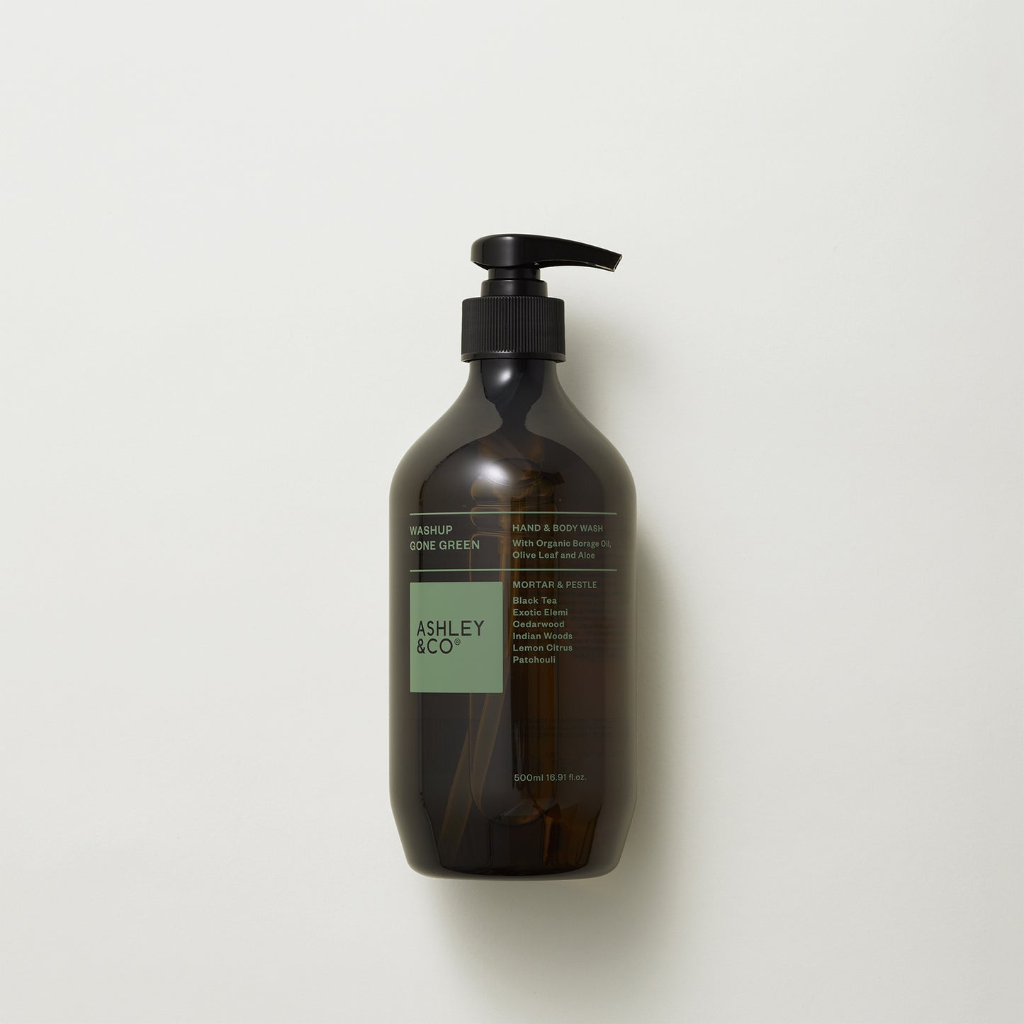Image showing front of Ashley and Co 'Washup Gone Green' handwash in mortar and pestle fragrance on a grey background.