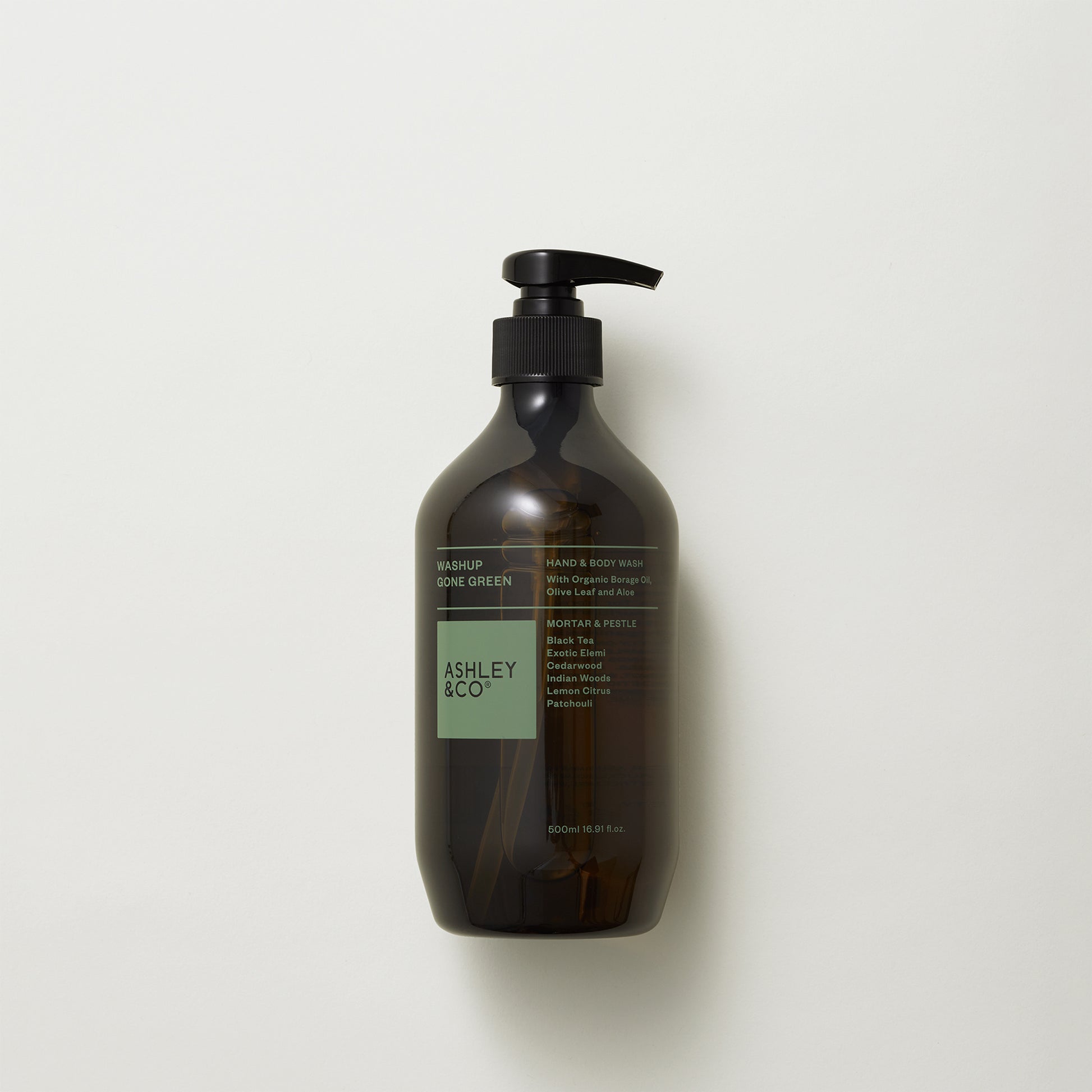 Image showing front of Ashley and Co 'Washup Gone Green' handwash in mortar and pestle fragrance on a grey background.