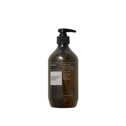 Image showing front of Ashley and Co 'Washup' handwash in Tui and kahili fragrance.