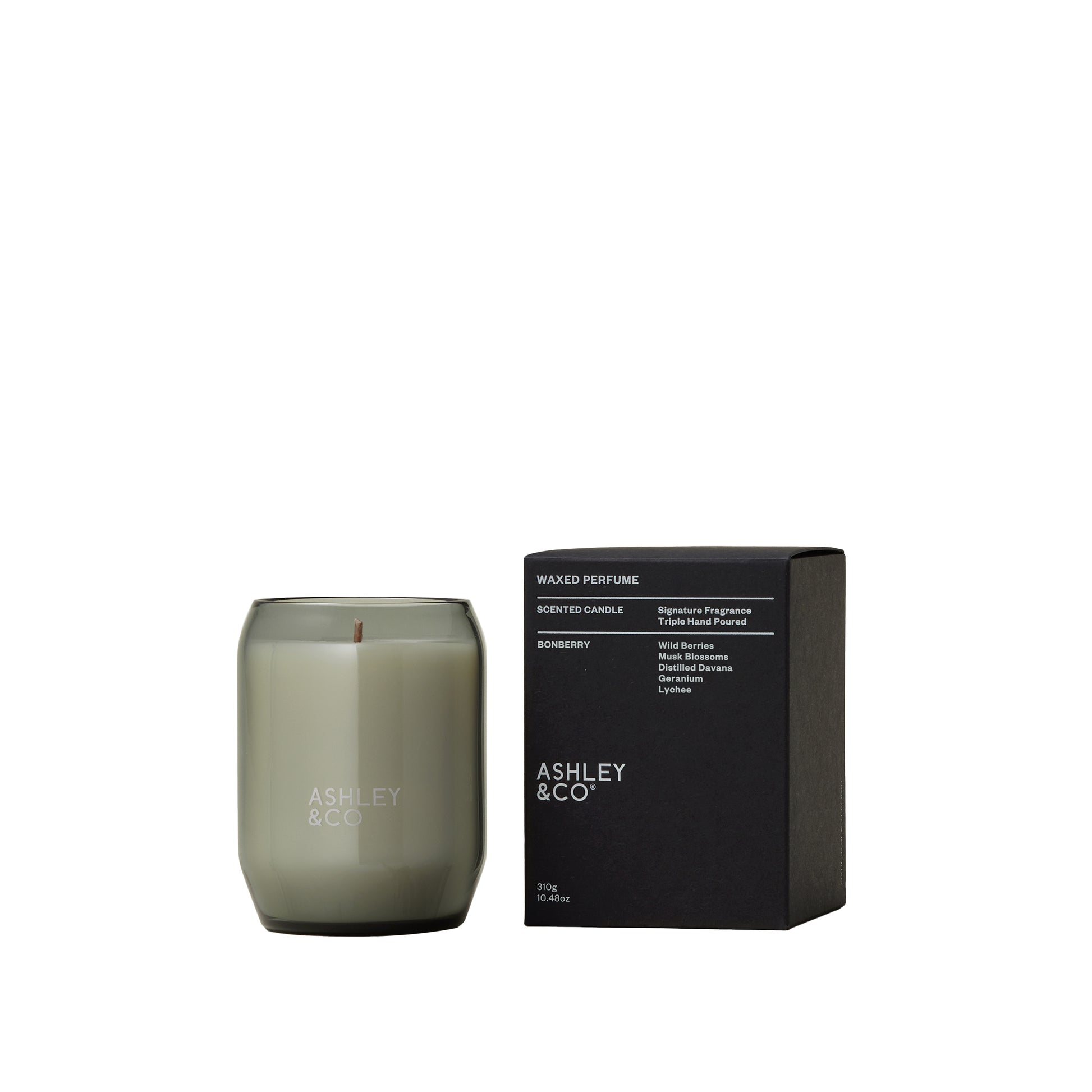 Ashley and Co 'Waxed Perfume' scented candle in bonberry fragrance.