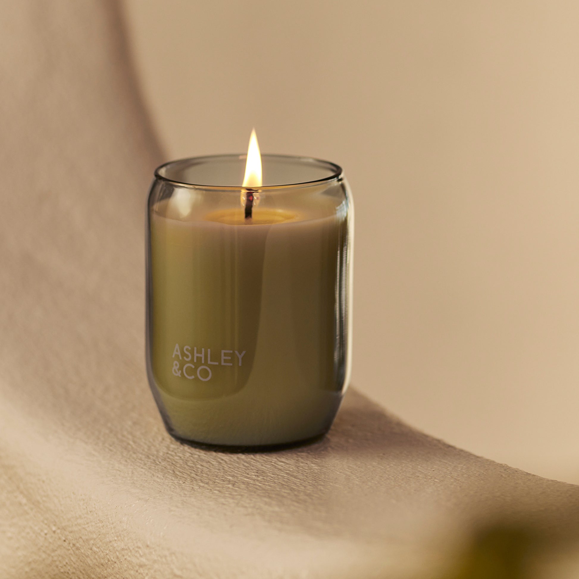Ashley and Co 'Waxed Perfume' scented candle in tui and kahili fragrance on a counter.