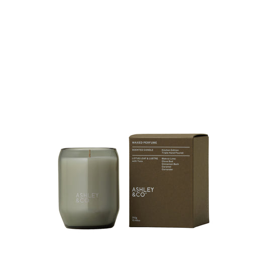 Ashley and Co 'Waxed Perfume' scented candle in lotus leaf and lustre fragrance.