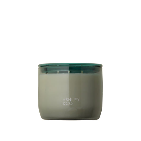 Ashley and Co 'Waxed Perfume XL' scented candle in tui and kaili fragrance with lid on.