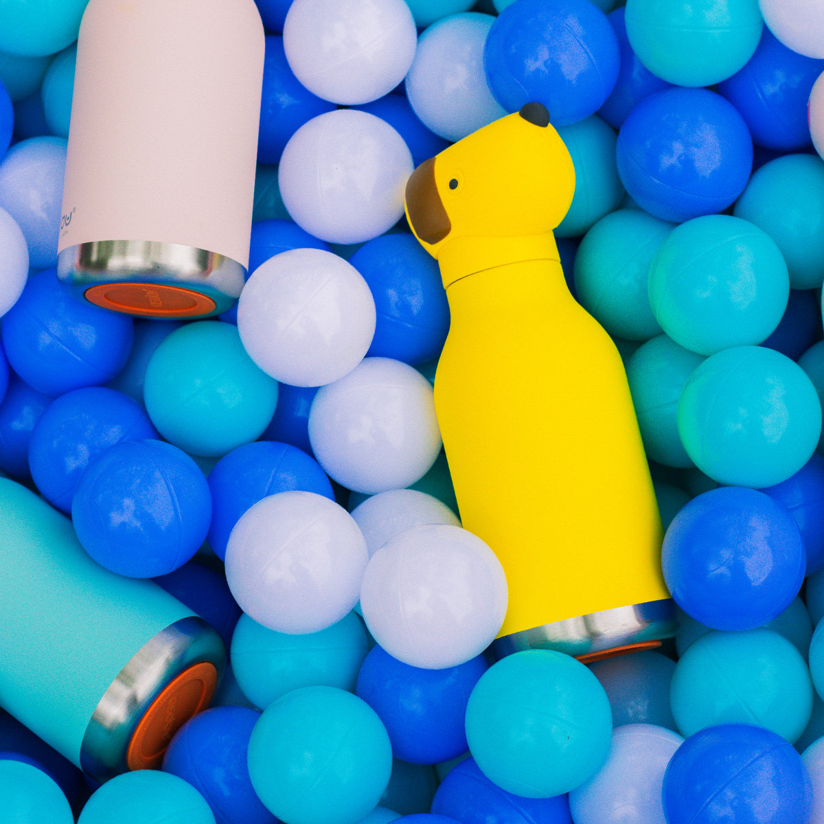 A Dog Bestie Bottle by Asobu placed in a ball pit.