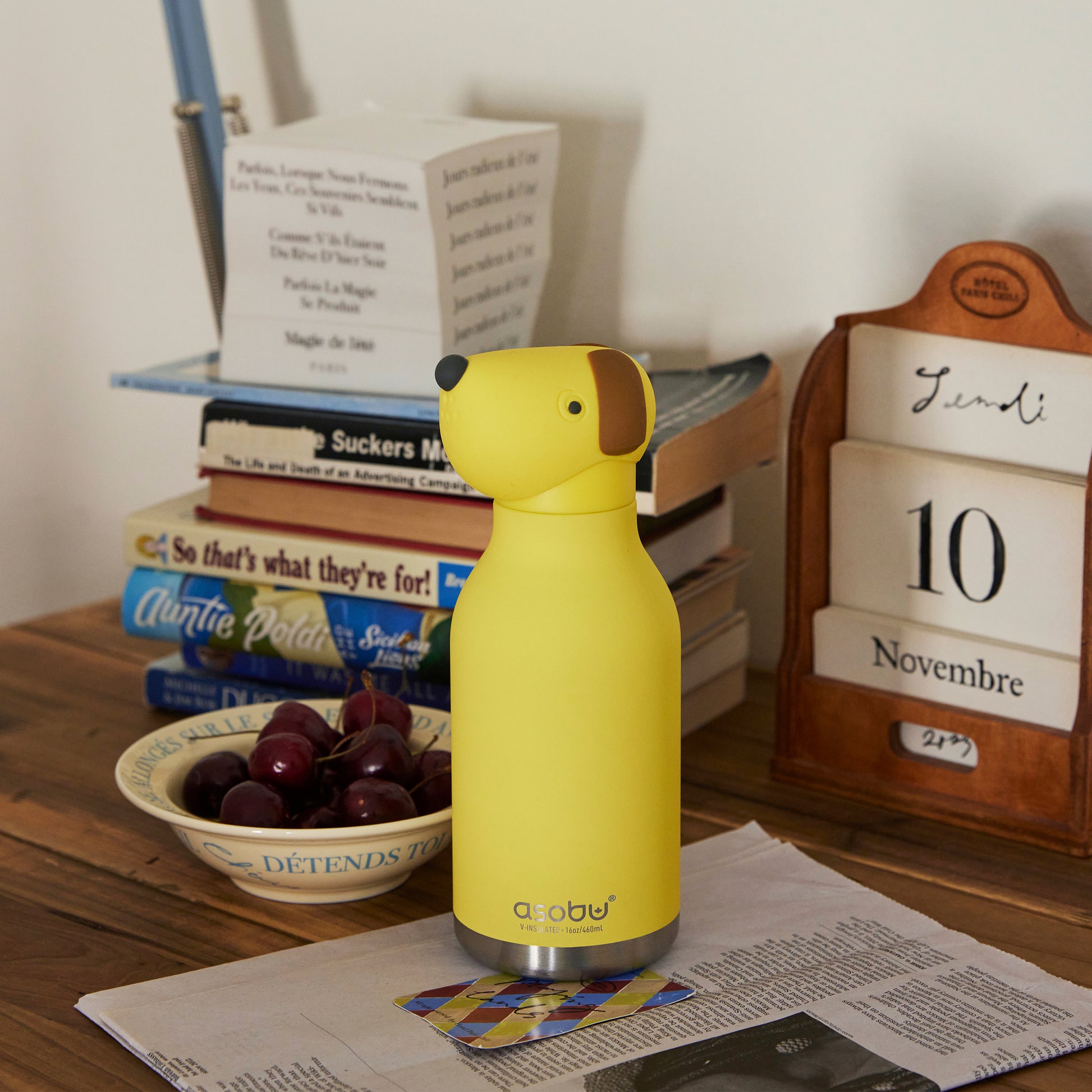Asobu's Dog Bestie Bottle placed on a counter next to cherries, a calendar and books,
