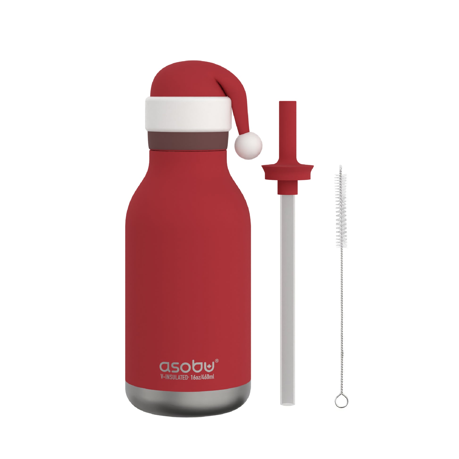 Front view of Santa Bestie Bottle by Asobu showing straw and straw cleaner