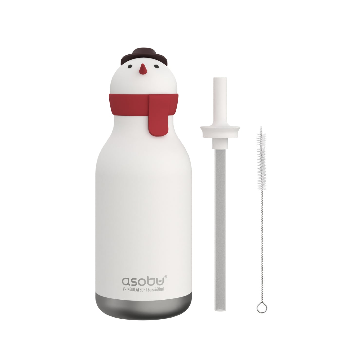Front view of Snowman Bestie Bottle by Asobu showing straw and straw cleaner
