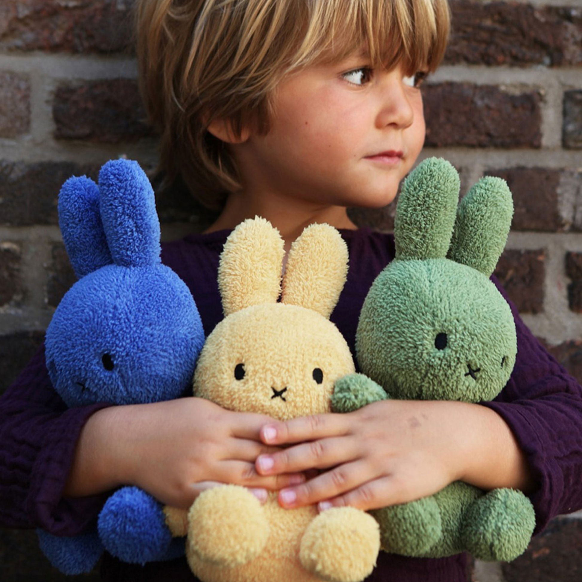 young boy holding three green, blue and yellow Bon Ton Toys terry Sitting Miffys in his arms outsie lifestyle shot