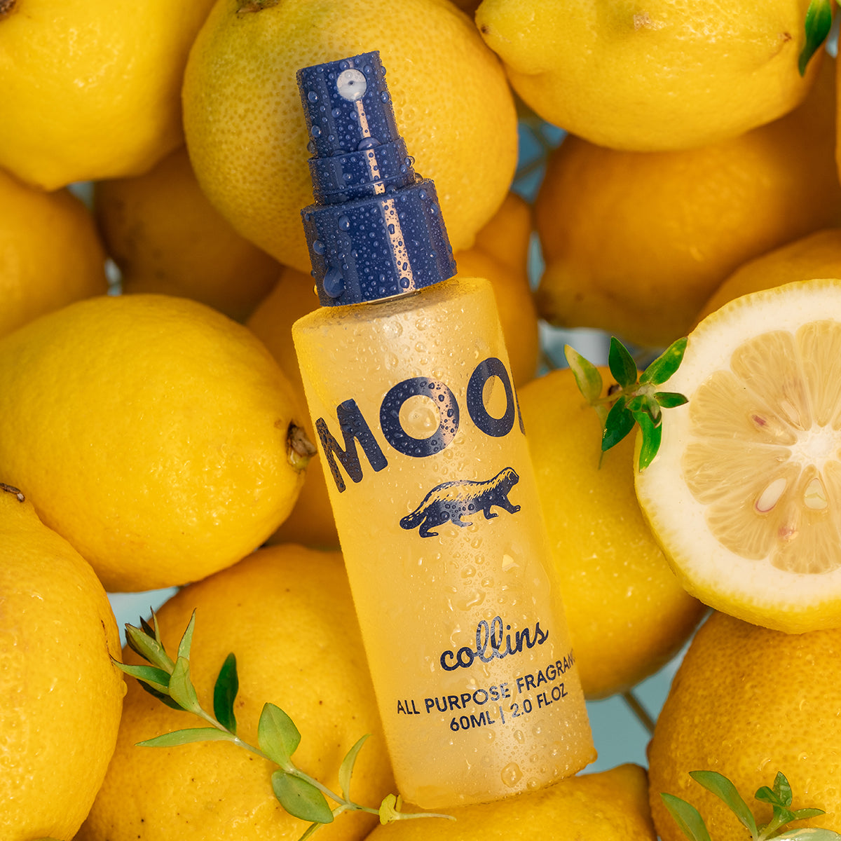 A travel sized bottle of yuzu scented mood water by collins laying ontop of a pile of yuzu fruits.