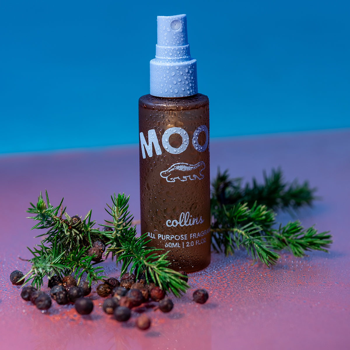 A travel sized bottle of scottish juniper scented mood water by collins placed on a reflective surface with juniper leaves and berries.