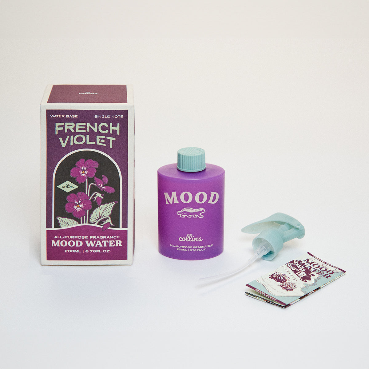 Collins French Violet 200ml water based Mood Water with spray bottle, packaging, spray nozzle and booklet