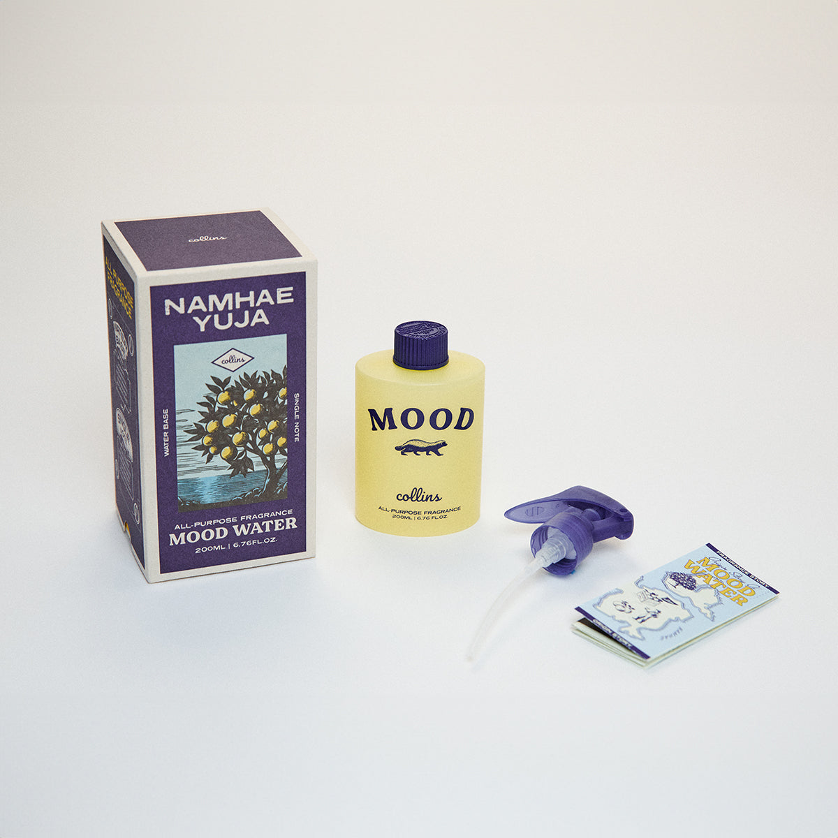 Collins Yuja 200ml water based Mood Water with spray bottle, packaging, spray nozzle and booklet