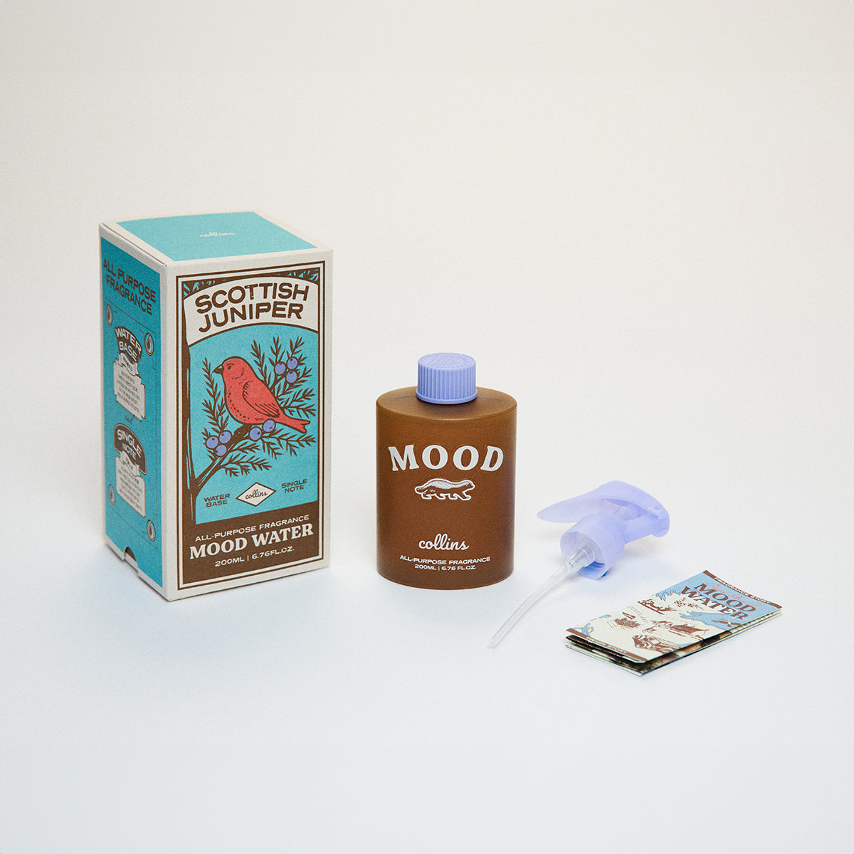 Collins Scottish Juniper 200ml water based Mood Water with spray bottle, packaging, spray nozzle and booklet
