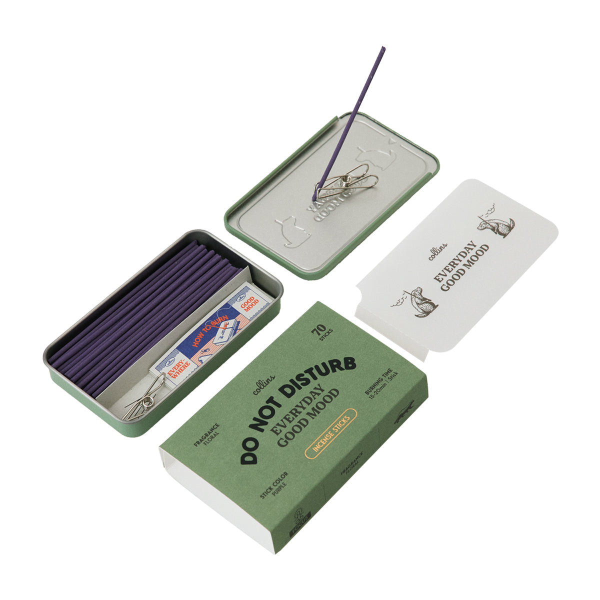 Collins 'Do Not Disturb' natural incense with steel clip holding incence on metal lid and packaging