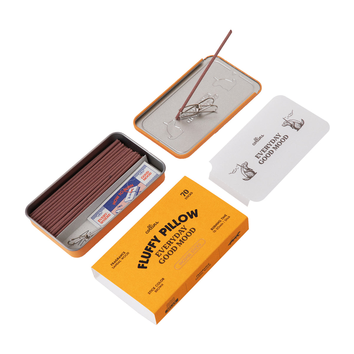 Collins 'Fluffy Pillow' natural incense with steel clip holding incense on metal lid and packaging