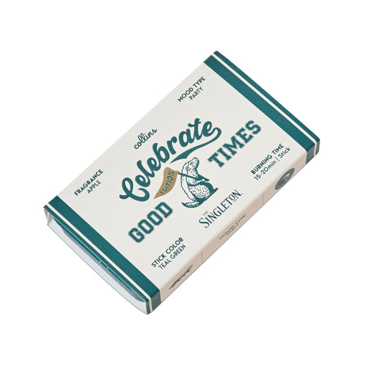 A tin of Collins natural incense sticks in good times scent, in its packaging, overhead shot.