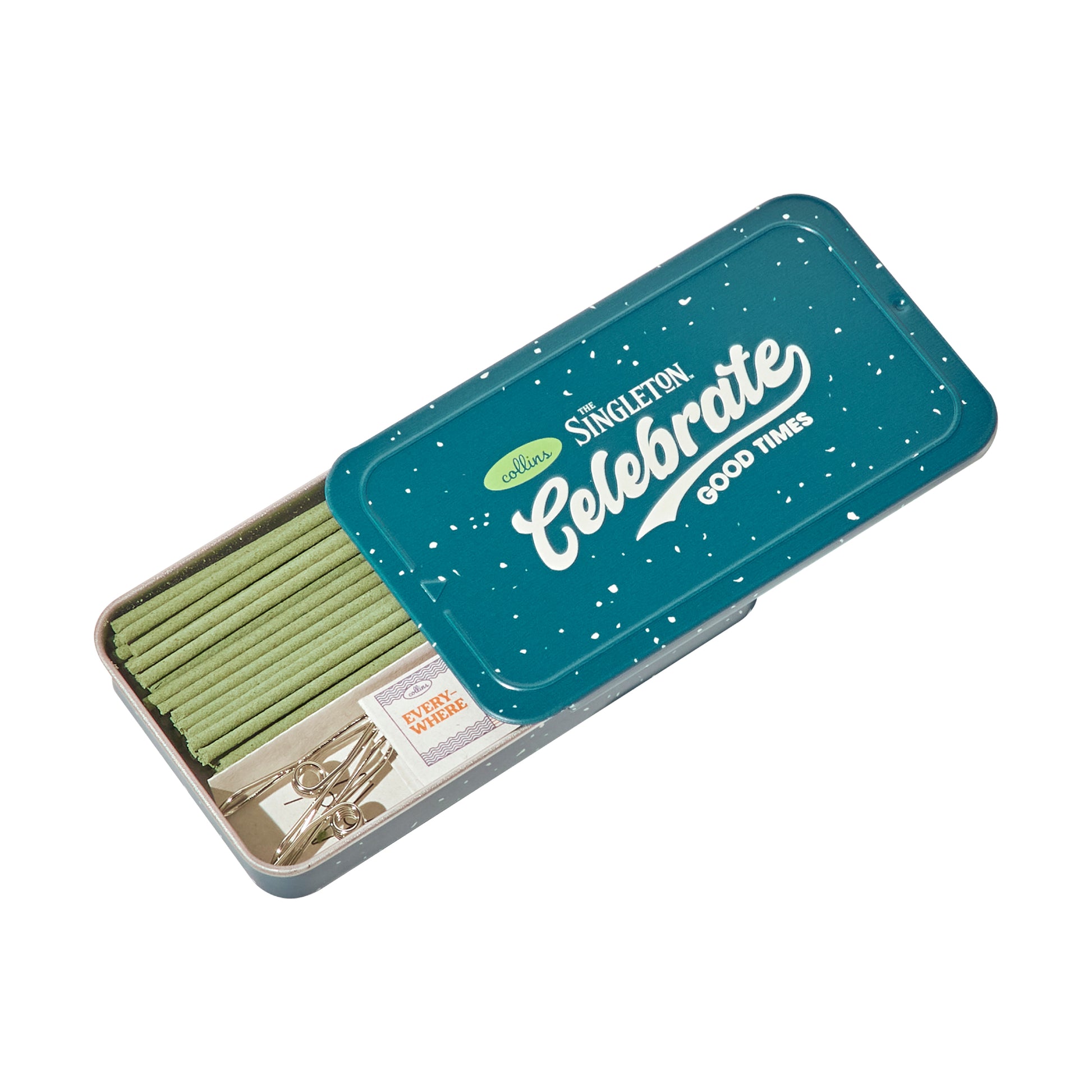 An overhead shot of tin of Collins natural incense sticks in good times scent, in its open showing the incense.